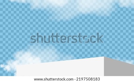 3d podium step of geometric platform on blue transparent background,Vector horizon banner with Stage Showcase mockup on Summer clouds,Minimal scene design with Stand for product presentation 