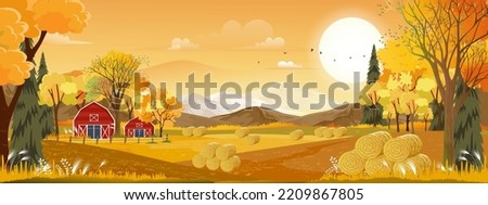 Vector Autumn panorama landscape farm field with orange sky, Beautiful sunset in Autumn countryside panorama view with yellow foliage,Fall season with copy space for banner background