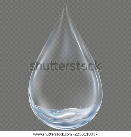 3D Water drop of Clean water on grey transparent background,Vector isolated Transparency Single Blue Shiny Raindrop with water splashes,Element Design concept for World Water day,Earth Day 