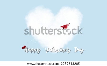 Valentines Day greeting card with Red Paper Airplane flying up to White hearts clouds on blue sky background,Vector 3D Love emotion concept with Heart shaped in the sky for posters,brochure,banner 