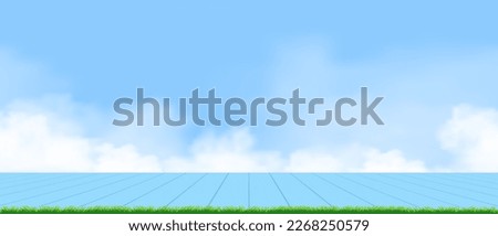 Wood Table top on Spring green grass landscape with could on blue sky in sunny day,Vector cartoon banner Wooden floor on Blue on Summer field,Backdrop Background for Spring Summer Product presentation
