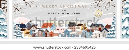 Winter City Scene,Christmas Greeting Card,New Year 2024 Background,Vector illustration of Horizon Cute Fairy Houses with Snowy for Christmas winter landscape Design for Postcard,Calendar,Web Banner