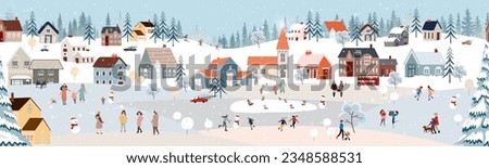 Seamless pattern Winter landscape,Celebrating Christmas and New Year 2024 in City at night with happy people playing ice skate in the park,Vector horizontal banner winter wonderland in countryside