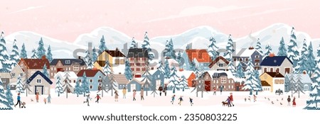 Seamless pattern Winter landscape,Celebrating Christmas and New Year 2024 in City at night with happy people playing ice skate in the park,Vector horizontal banner winter wonderland in countryside