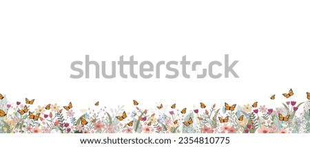 Seamless pattern flower border with butterfly,Horizontal floral backdrop decoration with cute multicolour wide flower and leaves frame on white background.Vector Spring or Summer botanical flat design