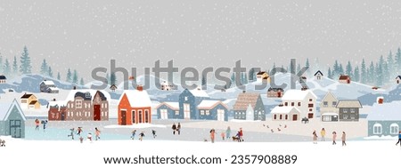 Seamless pattern,Winter Village landscape,Celebrating Christmas, New Year 2025 City Night Sky with Snow people playing ice skate in the park,Vector Xmas horizon banner Winter wonderland forest nature