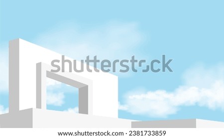 White Wall Concrete with Open Window against Blue sky and Clouds,Exterior Rooftop White cement building,Ant view Minimal Modern architecture. with summer sky Backdrop Background for Spring, Summer 