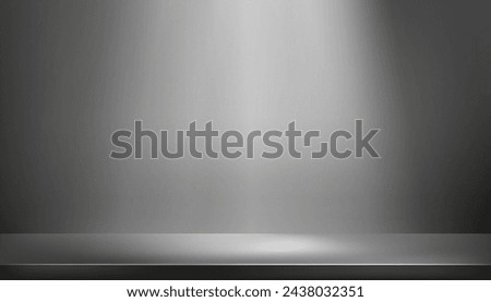 Grey Studio Room with Spot Light on Metallic Stainless Steel counter top,Backdrop Metal shelf texture with light reflect,Vector Display mockup of table top,Kitchen aluminium counter grey desk surface	