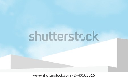 White Podium Step on Sky Blue and Cloud Background,Platform 3d Mockup Display Step for Summer Cosmetic Product Presentation for Sale,Promotion,Web online,Scene Nature Spring Sky with Building wall 