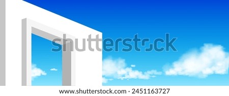 White Wall Concrete with Open Window against Blue sky and Clouds,Exterior Rooftop White cement building,Ant view Minimal Modern architecture. with summer sky Backdrop Background for Spring, Summer 