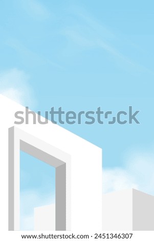 Wall Concrete with 3D Open Window against Blue sky and Clouds,Exterior Rooftop White cement building,Ant view Minimal Modern architecture. with summer sky Backdrop Background for Spring, Summer 