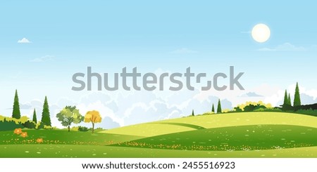 Spring field landscape with cloud and sky blue over forest trres,Vector cartoon scene rural nature park in sunny day summer,Beautiful farmland in countryside for Easter banner background