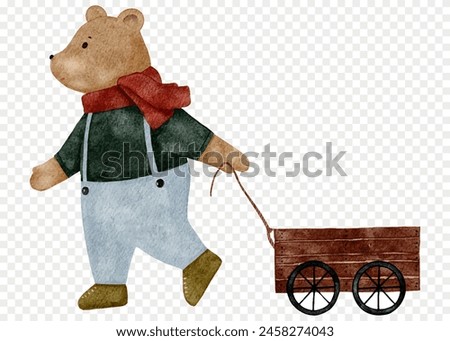 Teddy Bear is pulling a wood cart, Watercolour Brown Bear pulling trolley,Vector digital painting cute cartoon element for Winter,Christmas Card,New Year 2025