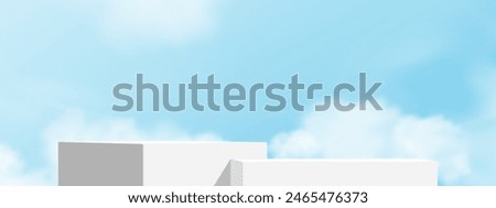 Sky Blue,Cloud Background,White Podium Platform Step,Minimal 3d Display for Summer Cosmetic Product Presentation Banner Design,Vector Scene Nature Landscape of Spring Sky with Building wall

