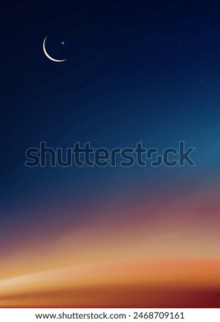 Sky Night,Ramadan Kareem Background with Crescent moon,Star with twilight dusk Sky,Vector Greeting festive for symbolic of Muslim culture ,Eid Mubarak,Eid al adha,Eid al fitr,Islamic new year,Muharram