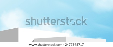 Sky Blue,Cloud Background,White Podium Platform Step,Minimal 3d Display for Summer Cosmetic Product Presentation Banner Design,Vector Scene Nature Landscape of Spring Sky with Building wall

