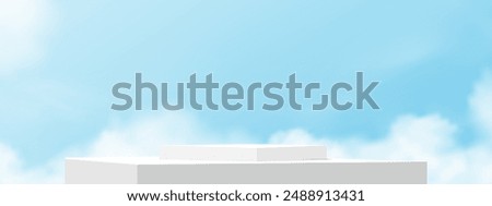 Sky Blue,Cloud Background,White Podium Platform Step,Minimal 3d Display for Summer Cosmetic Product Presentation Banner Design,Vector Scene Nature Landscape of Spring Sky with Building wall

