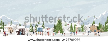 Christmas Background,Winter Village landscape blue sky with snowy people playing ice skate in city park celebrating on New Year,Vector Xmas horizon banner nature winter wonderland forest tree