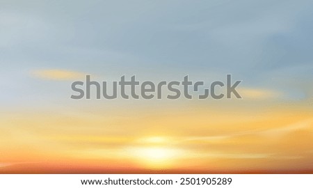 Sunset Sky,Cloud Background,Autumn Yellow,Blue Sunrise over sea beach,Vector Beautiful Nature of Golden Hour in orange Sky Before Sundown in Winter