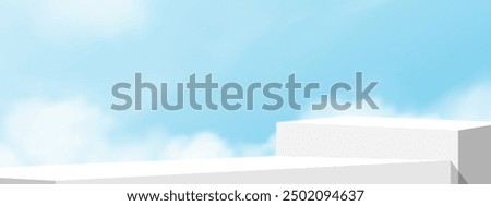 Sky Background with White Podium for Cosmetic Product Presentation,Blue Sky,Cloud with 3d Mockup Stage Stand Platform,Minimal Display for Summer Banner Design,Vector Spring Landscape and abstract Wall