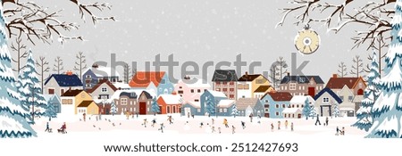 Winter City Scene,Christmas Greeting Card,New Year 2025 Background,Vector illustration of Horizon Cute Fairy Houses with Snowy for Christmas winter landscape Design for Postcard,Calendar,Web Banner