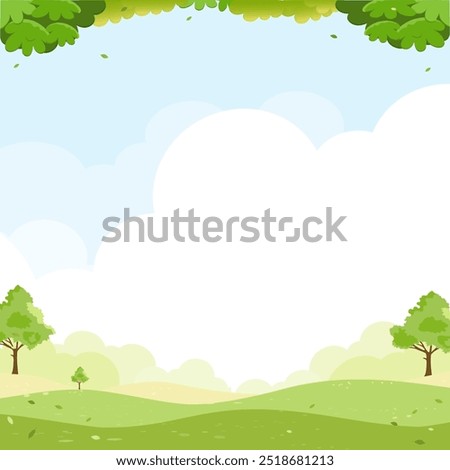 Sky blue with cloud background,Spring landscape with green grass field and tree on mountain,Panorama Nature Summer rural with copy space,Cute Cartoon vector illustration backdrop banner for Easter