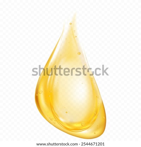 Yellow Oil texture,Drop Gold honey.Serum vitamin Droplet Gel with Air Bubbles,Isolated Yellow Clear Collagen 3d Cosmetic fluid product for skin care on transparent background,Vector illustration 