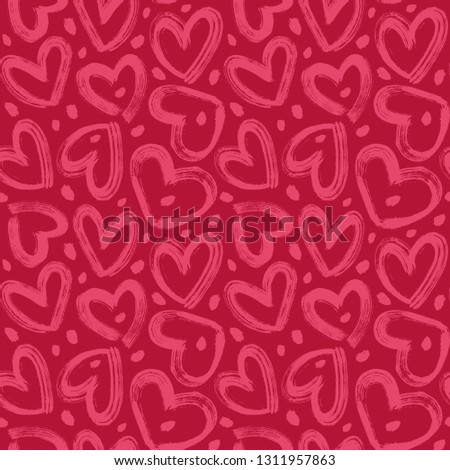 Brush strokes hearts and spots on a red background. Seamless vector pattern in Valentine's Day theme.