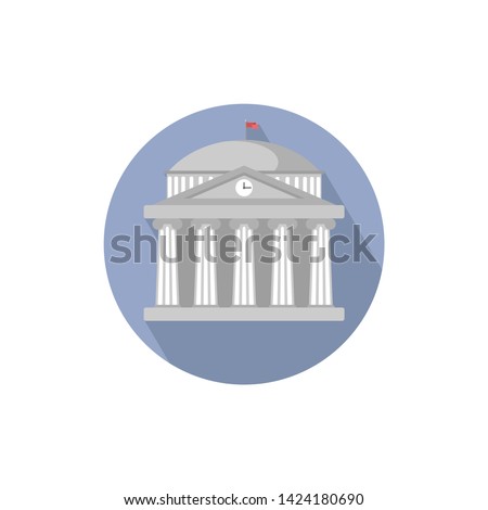 University building sign,bank,museum, library,parliament. Classical Greece Roman architecture in white with Ionic columns, dome, clock, spire and flag. web icon, isolated vector illustration in circle