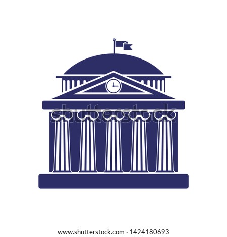 University building sign, bank, museum, library, parliament. Classical Greece Roman architecture with Ionic columns, dome, clock, spire and flag. web icon,monochrome isolated vector illustration