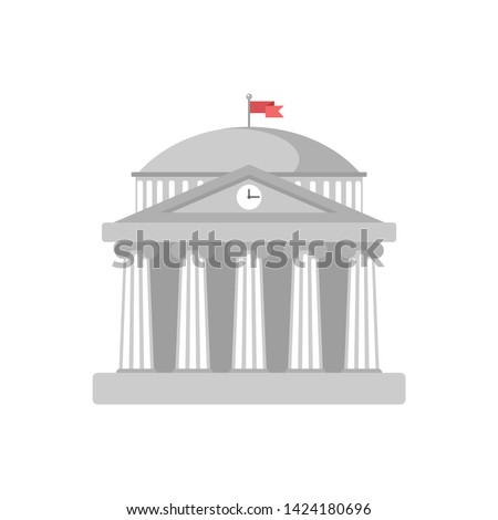 University building sign, bank, museum, library, parliament. Classical Greece Roman architecture in white with Ionic columns, dome, clock, spire and flag. web icon, isolated vector illustration