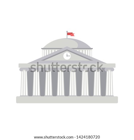 University building sign, bank, museum, library, parliament. Classical Greece Roman architecture in white with Ionic columns, dome, clock, spire and flag. web icon, isolated vector illustration