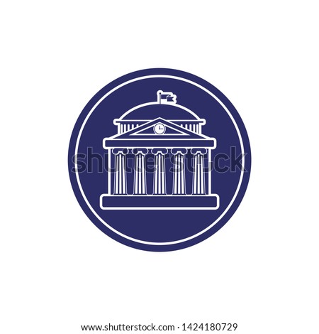 University building sign, bank, museum,  library, parliament. Classical Greece Roman architecture with Ionic columns, clock, spire and flag. web icon,monochrome isolated vector illustration in circle