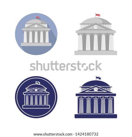 set of university building sign, bank, museum,  library, parliament. Classical Greece Roman architecture with Ionic columns, clock, spire and flag. web icon, isolated vector illustration