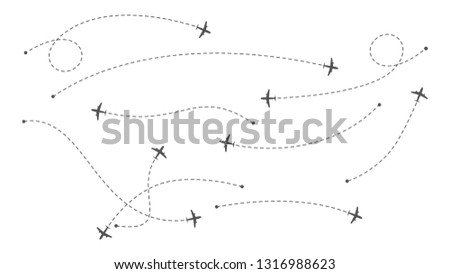 Airline routes. Dotted line air path with icons of airplanes. International flights. Vector illustration