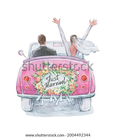 just married couple in a car watercolor art Сток-фото © 
