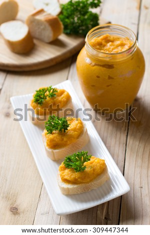 Homemade marrow squash paste on bread - traditional appetizer of Russian cuisine