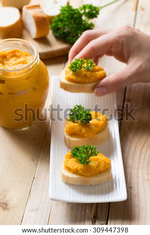 Homemade marrow squash paste on bread - traditional appetizer of Russian cuisine