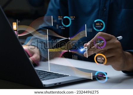 Businessman analyze and visualize complex information on a virtual screen using AI to process data. Big data technology and data science.Data flow.Digital neural network.artificial intelligence Foto stock © 