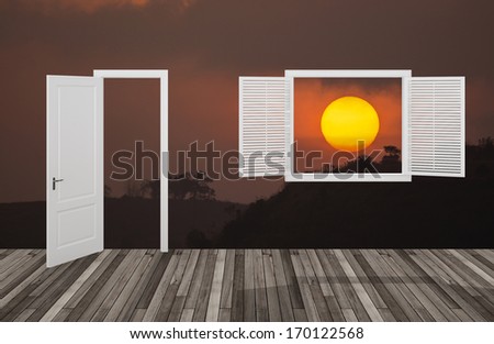 sun at twilight  behind  the opening door and  window,3D
