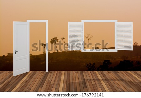 twilight mountain, Landscape behind the opening door and window