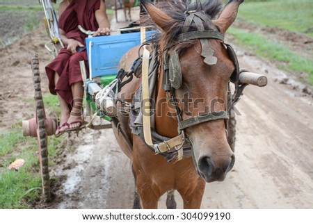 Unidentified carriage of passengers and carrying supplies the local road runs along to a village on July 31,2015 in Inwa ancient city,Mandalay ,Myanmar.