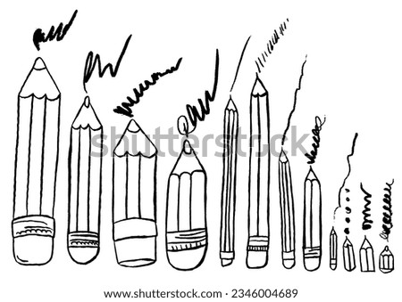 Pencils with scribbles set. Hand drawn crayons collection. Monochrome outline isolated elements. Kids style drawing pencil. Doodle crayon. Isolated vector illustration.