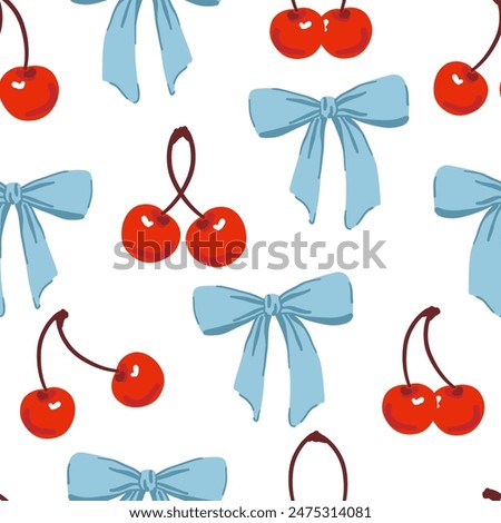 Cherries and coquette ribbon bow seamless pattern. Sweet red cherry pastel blue bow. Aesthetic wallpaper in trendy retro vintage style. Cute hand drawing cartoon vector illustration isolated on white