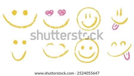 Doodle chalk smile emoji face icon set. Textured kids hand drawn sketch. Different emotion emoticons. Mood, happy, in love, smiling face with tongue. Pencil crayon drawing isolated vector illustration