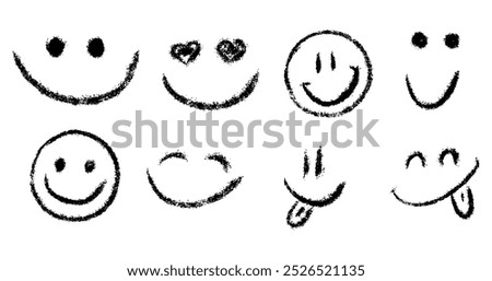 Doodle chalk smile emoji face icon set. Textured kids hand drawn sketch. Different emotion emoticons. Mood, happy, in love, smiling face with tongue. Pencil crayon drawing isolated vector illustration