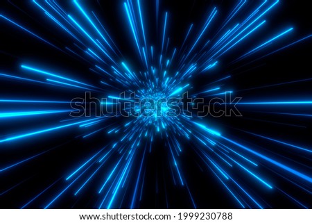 Abstract background in blue and purple neon glow colors. Speed of light in galaxy. Explosion in universe. Cosmic background for event, party, carnival, celebration, anniversary or other. 3D rendering. ストックフォト © 