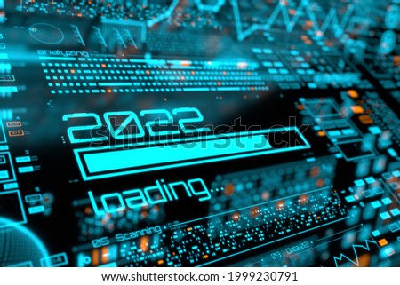 2022 year progress bar on digital lcd display with reflection. Abstract technology background. 3D rendering.