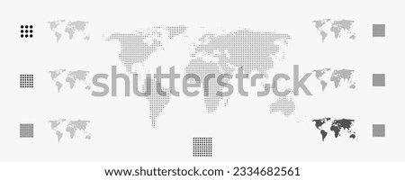 Set of flat earth world maps with round dots in different resolution. Round pixel pattern. Modern digital globe. Black dots on white background. Worldmap template for website, infographics, design.