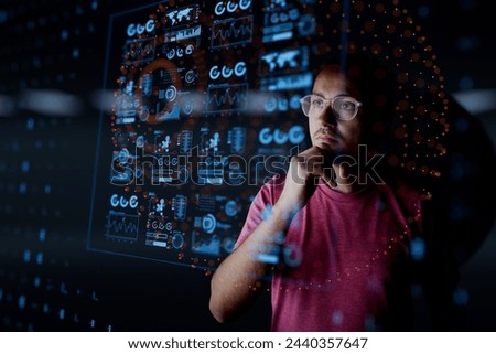 Similar – Image, Stock Photo Man looks at a grandfather clock and reads the time